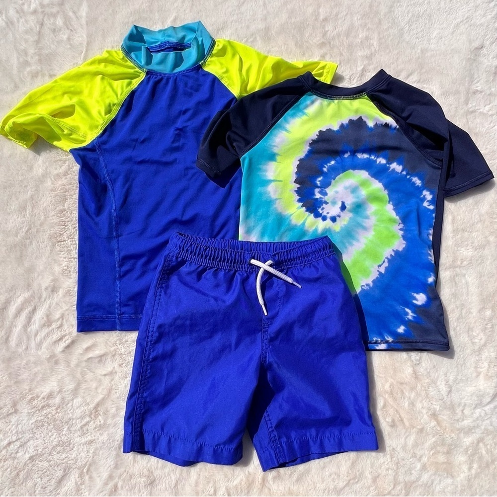 Lands’ End Boys Rash Guard Swim Set XS 4-5 Blue Neon + Swim Trunks